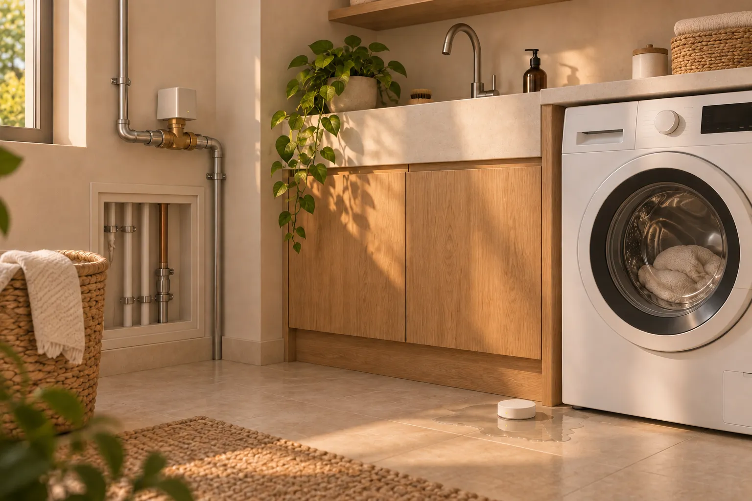 Датчик воды у стиральной машины и кран с электроприводом на вводной трубе.
